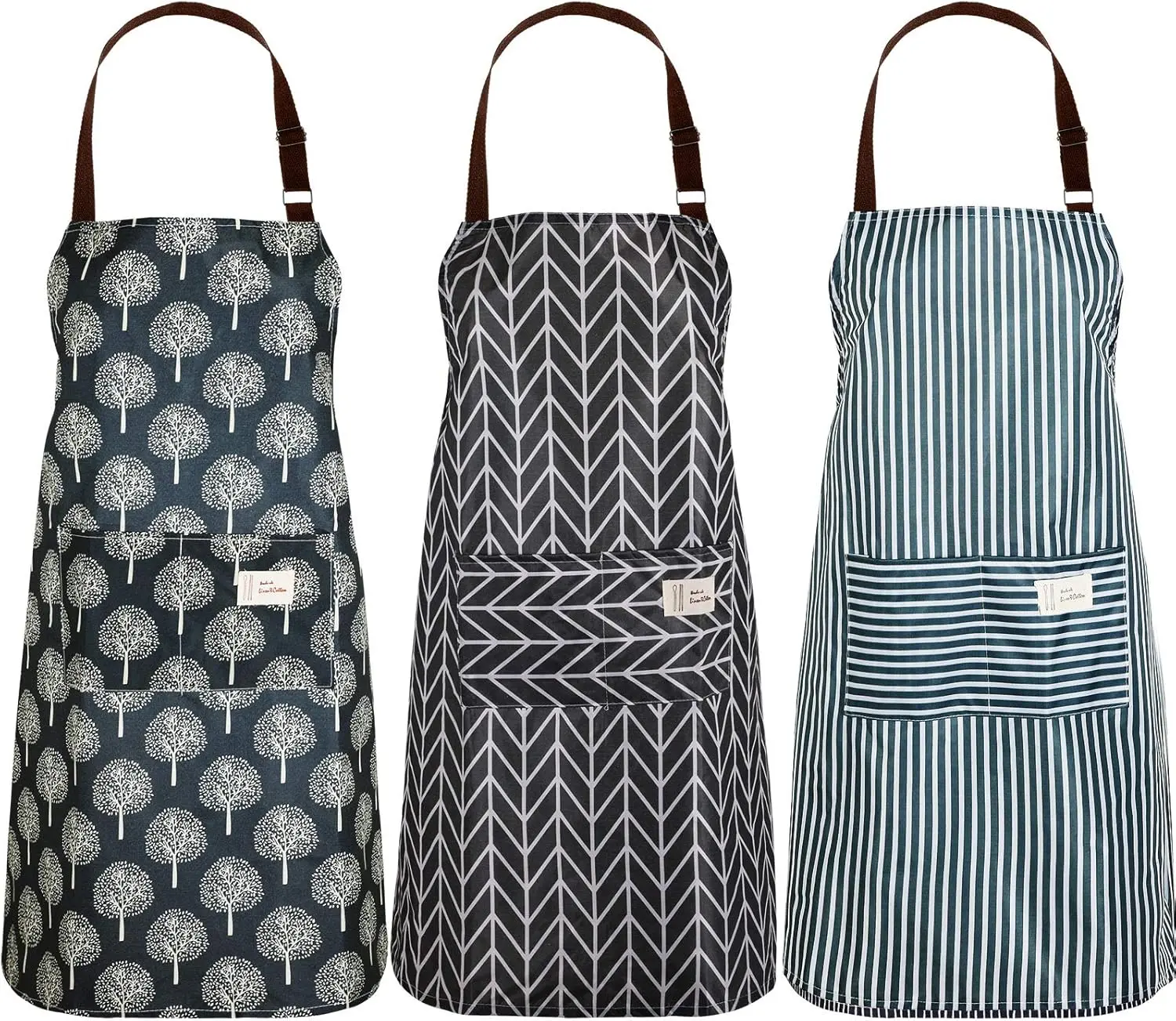 Women's Adjustable Bib Aprons with Pockets, 3-Count Kitchen Cooking Aprons for Adult Chefs (Baking, Cleaning Use)