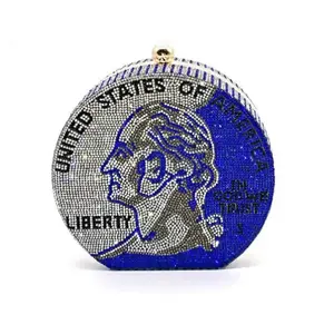 Blue Bling US Coin Luxury Clutch - Y2K Style with US Quarter Coin Design & Blue Pave Crystal Rhinestones - Kiss Lock Closure & Gold Metal Chain