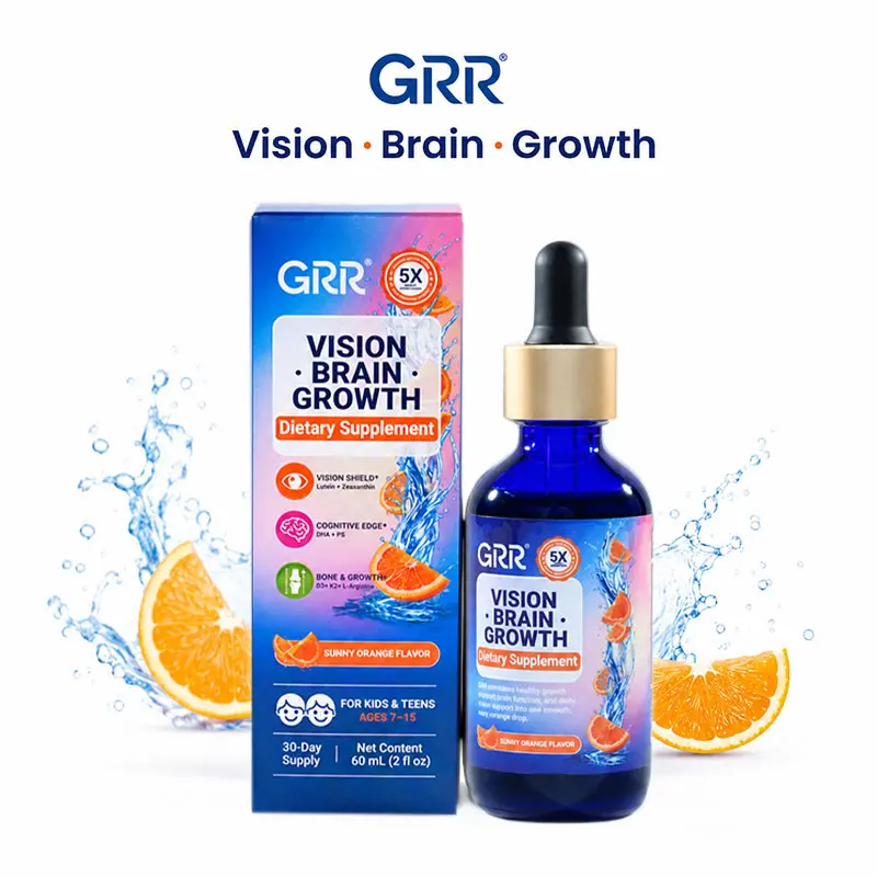 Kids 3-in-1 Vision, Brain & Healthy Growth Drops for Screen-Time Kids GRR Kids Lutein DHA D3 K2 Drops for Eye Health, Brain & Bone Support