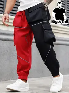 Men's Plus Size Regular Fit Athletic Contrast Binding Drawstring Cargo Pants, Casual Colorblock Pocket Zipper Elastic Waist Trousers for Daily Wear, Fashion Men's Bottoms for All Seasons, Menswear