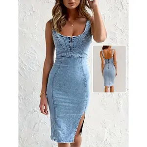 Y2K-Inspired Sleeveless Denim Dress with U-Neck & Side Slit - Slim Fit Backless Summer Beach Vacation Style for Women, Light Blue Denim, Machine Washable