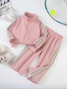 Girls' Sports Set, Deep Blue Striped Jacket & Side Decor Pants, School Style for Ages 2-8, Daily Training Wear, Track Uniforms Girls