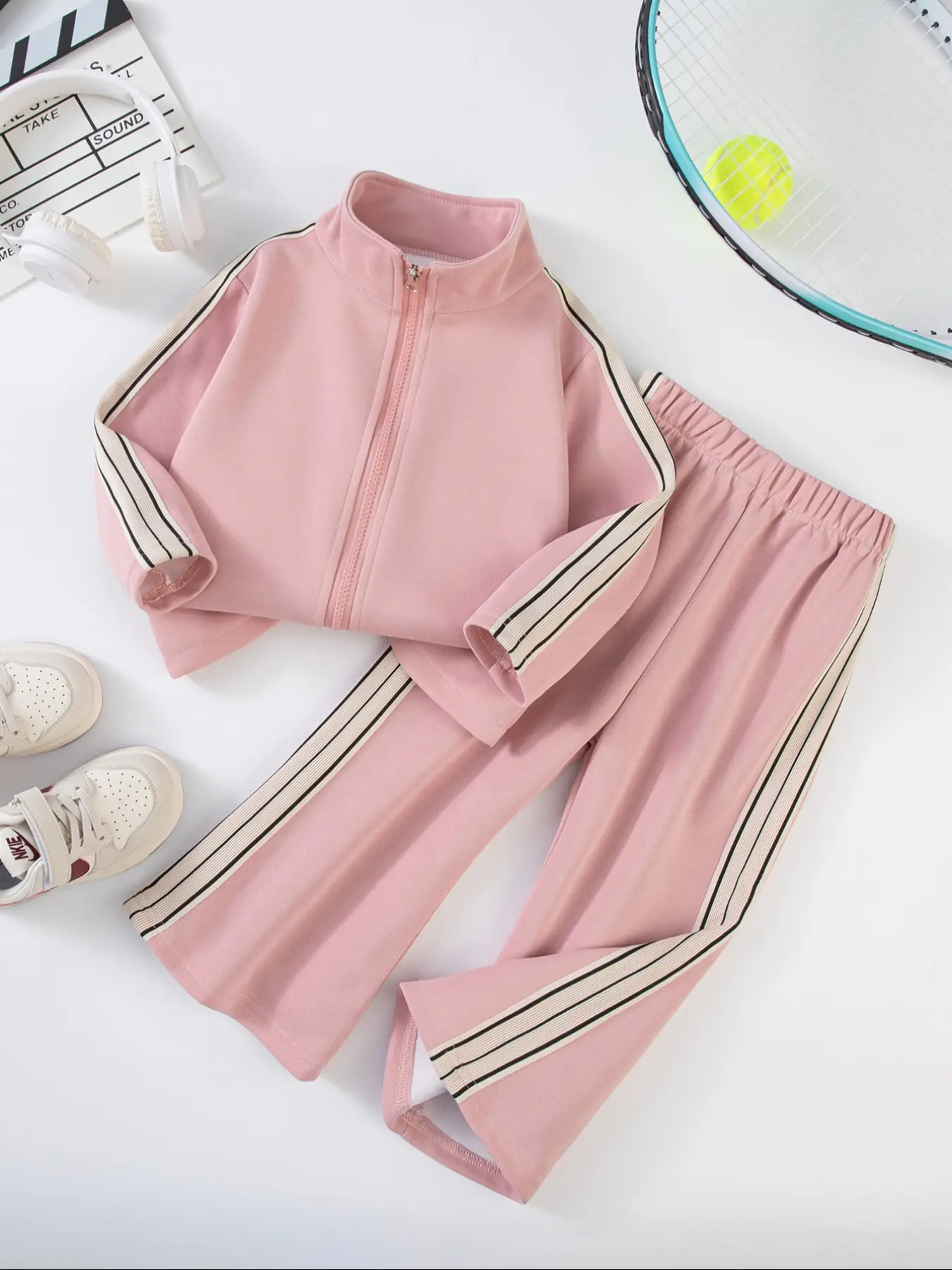 Girls' Sports Set, Deep Blue Striped Jacket & Side Decor Pants, School Style for Ages 2-8, Daily Training Wear