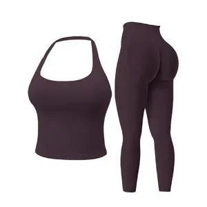 Two-Piece Set Women's Solid Seamless Crop Tank Top & High Waist Leggings Tracksuit Set Gym Sets, Sporty Casual Breathable Comfortable Outfits for Yoga Gym Workout Running, Ladies Sportswear for All Seasons.
