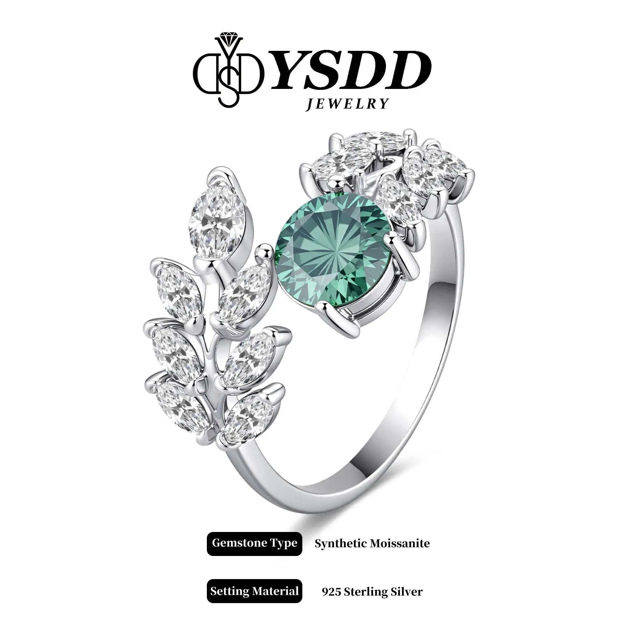 【#227】 Emerald Green Synthetic Moissanite Leaf Statement Ring 1Carat in 925 Sterling Silver