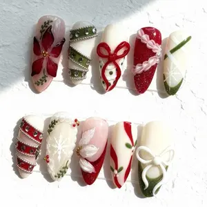 Christmas Press On Nails: Handmade 3D Holiday Nail Art featuring Bows, Flowers & Snowflakes