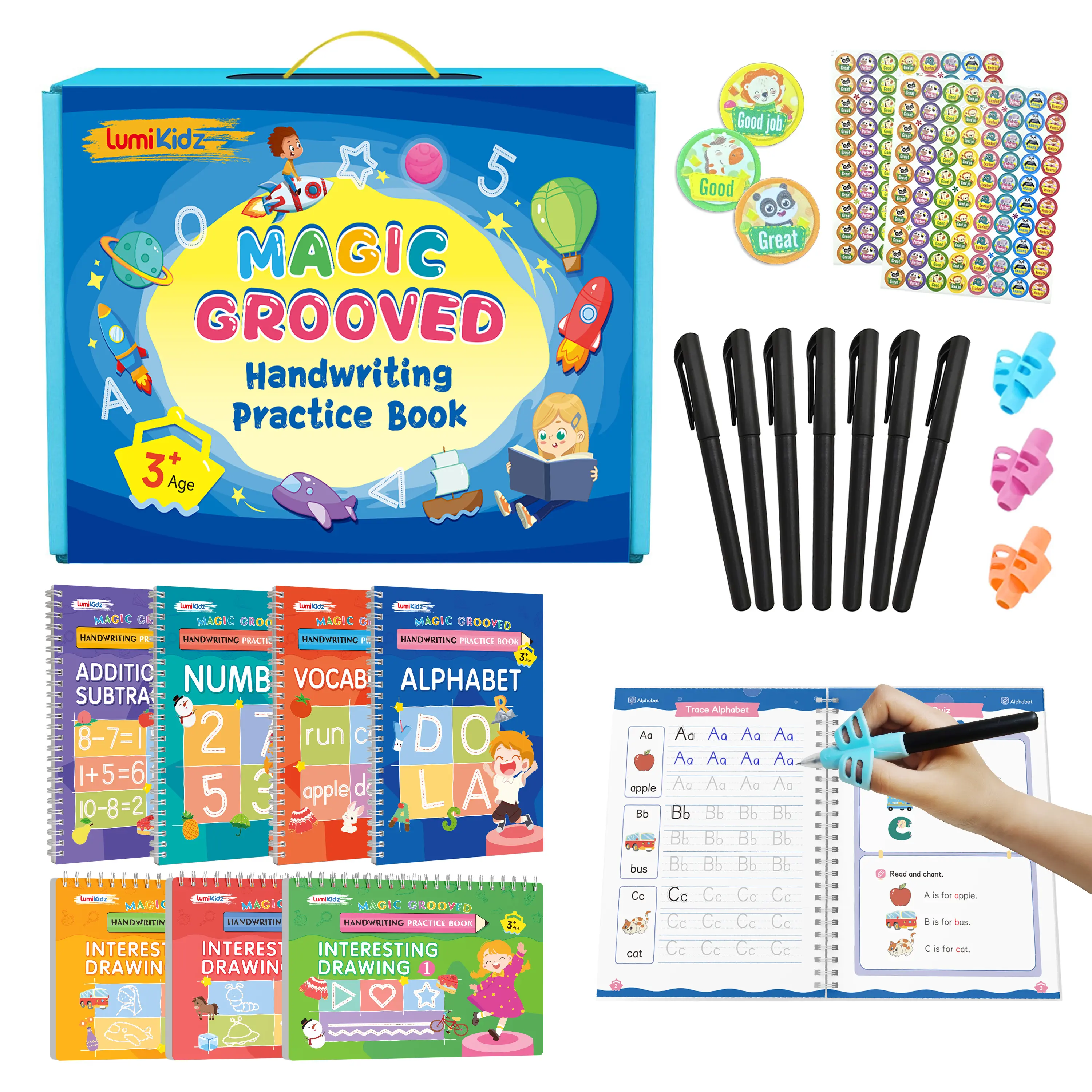 [SchoolMustHave]2026 Magic Reusable Grooved Writing WorkBooks,Reusable Paper Handwriting Workbooks,LumiKidz Large Copybooks,Box Pack For Kids Ages 3-8,Second Grade Educational Learning Tools,Kindergarten Prep,Spiral Notebook Pen Set,Back-to-school Season