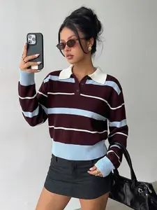 Women's Retro Striped Polo Neck Long Sleeve Sweatshirt in and Blue, Casual Elegant Style for Fall and Spring, Perfect for Daily Commuting