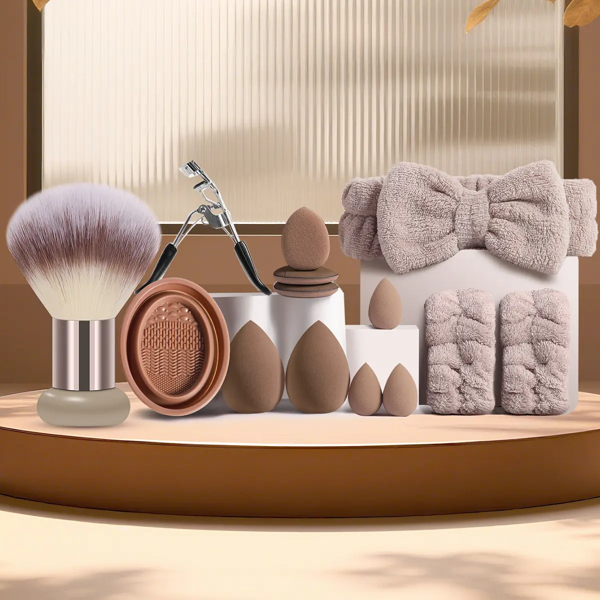 13Pcs Beginner Daily Makeup Tool Kit - Fluffy Mushroom Foundation Brush, Multi-Size Teardrop Beauty Eggs, Finger Powder Puffs, Stainless Steel Eyelash Curler, Silicone Brush Cleaner Bowl, Bow Fleece Headband, Hair Bands (Ideal for Sensitive Skin Gifting)