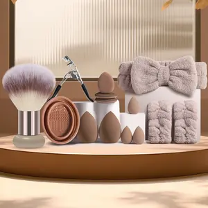 13Pcs Makeup tool Sets,Mushroom foundation make-up brush ,Multi Size Beauty eggs,Finger Puffs,Silicone Cleaner Bowl,Eyelash Curler,Bow Fleece Headband & Hair Wrist Bands Complete Beginner Cosmetic Kit