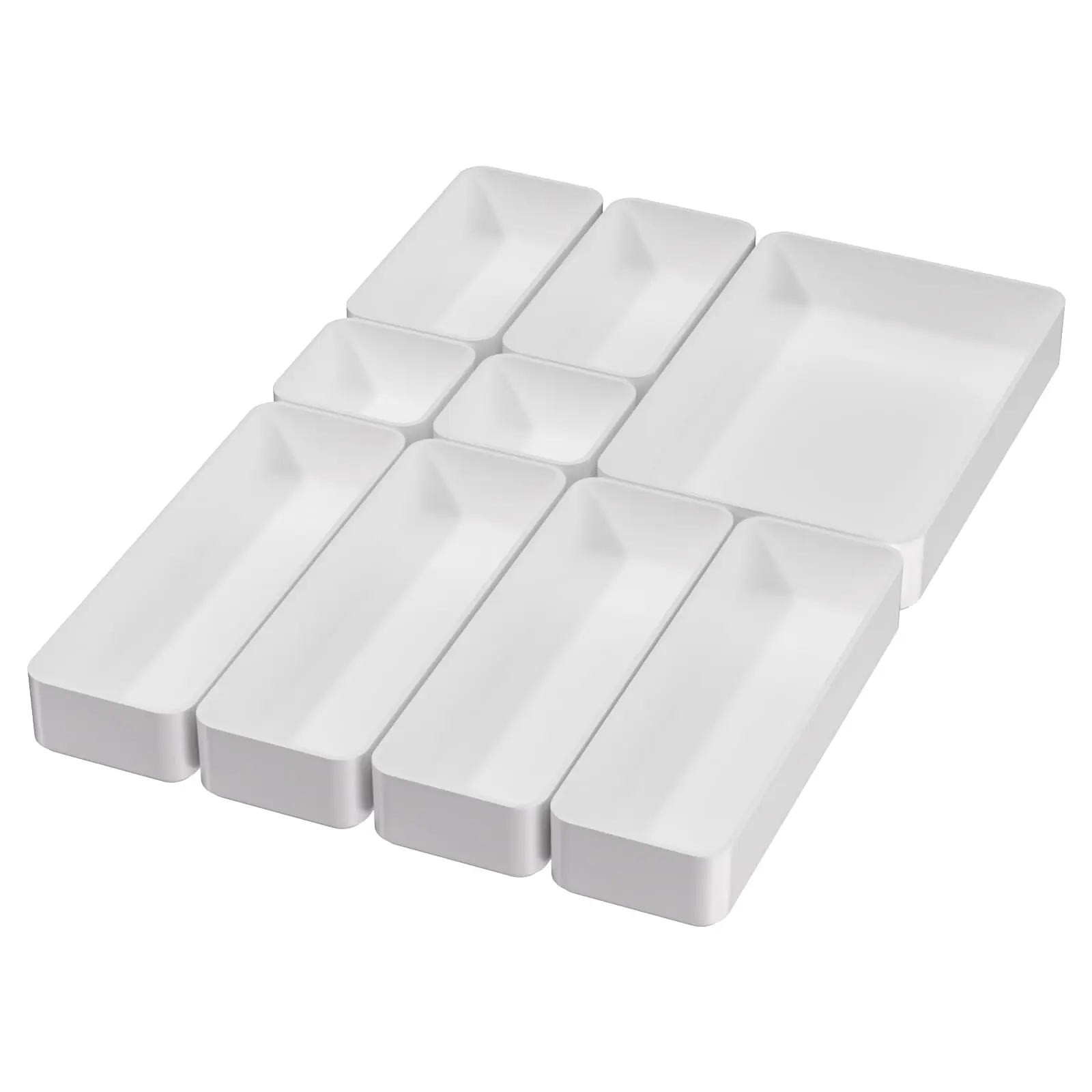 9 Pack White Shallow Modular Drawer Organizer Trays, Stackable Plastic Storage Bins for Vanity Makeup, Bathroom, Office Supplies, Dorm & Kitchen Drawer Organization