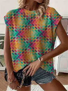 Spring/Summer crew neck drop-shoulder loose fit contrast plaid print short-sleeve women's knit top, vacation style, casual elegant commute, ladies short-sleeve knit top, bikini cover-up.