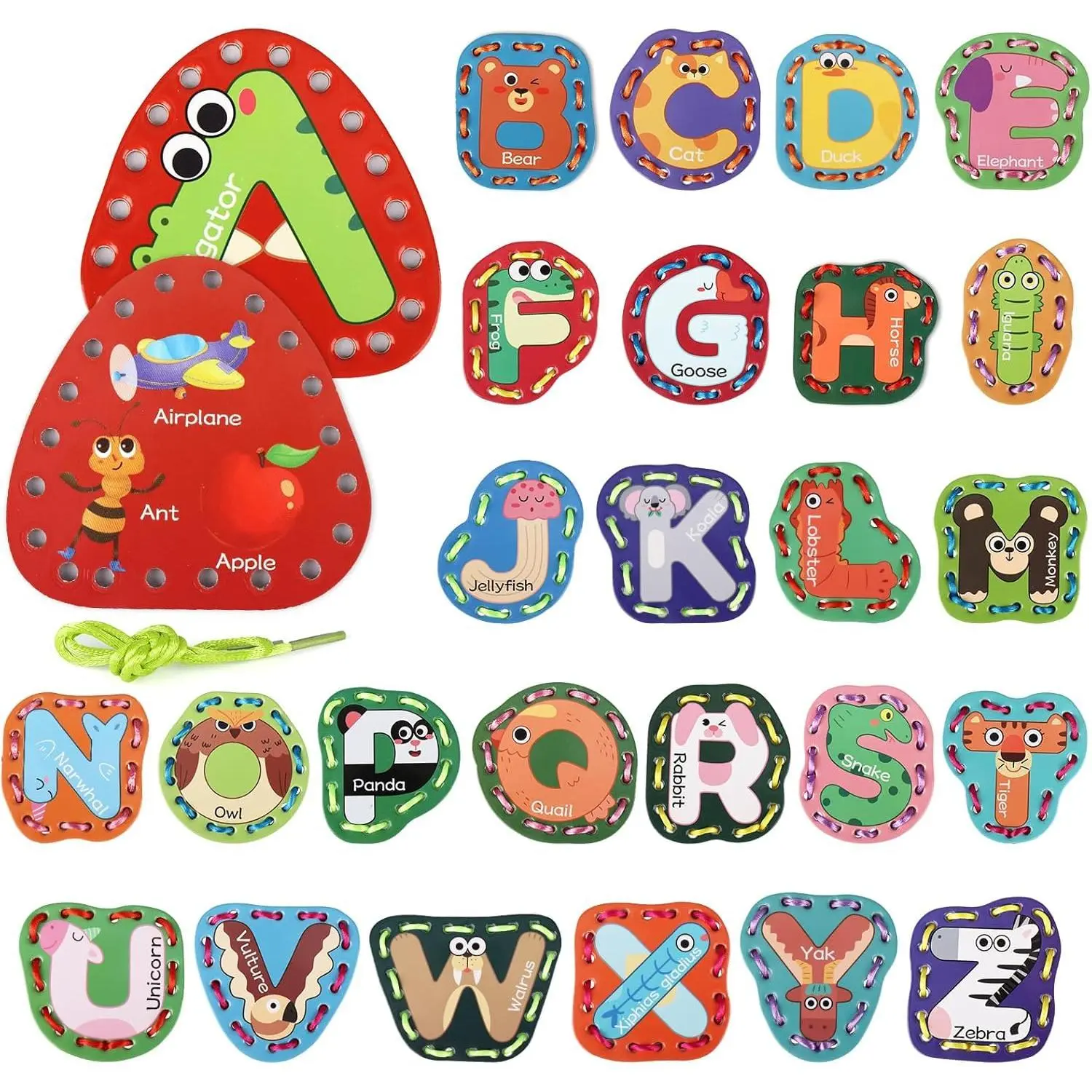 L-HDJ039 Unisex Double-Sided Lacing Cards (26 PCS) - Fine Motor Skills Threading Learning Toys for Kids Ages 2-8, Preschool Kindergarten Classroom Supplies Sewing Kit