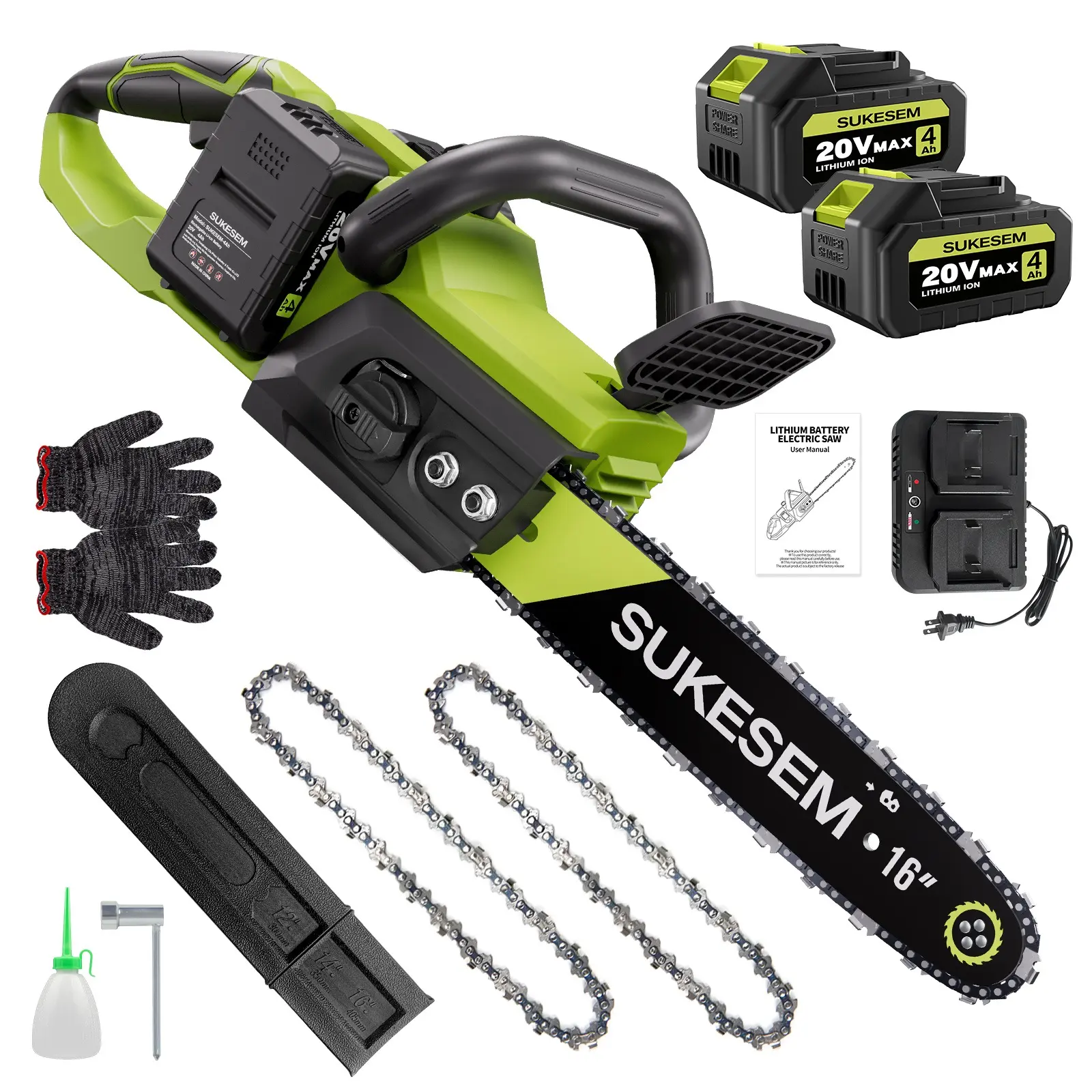 SUKESEM 16-Inch Brushless Chainsaw, Large Electric Chainsaw, Equipped with 2 Pieces of 4.0Ah Batteries and Charger, Tool-Free Chain Tensioning, Automatic Lubrication, Suitable for Tree Trimming, Wood Cutting and Yard Work