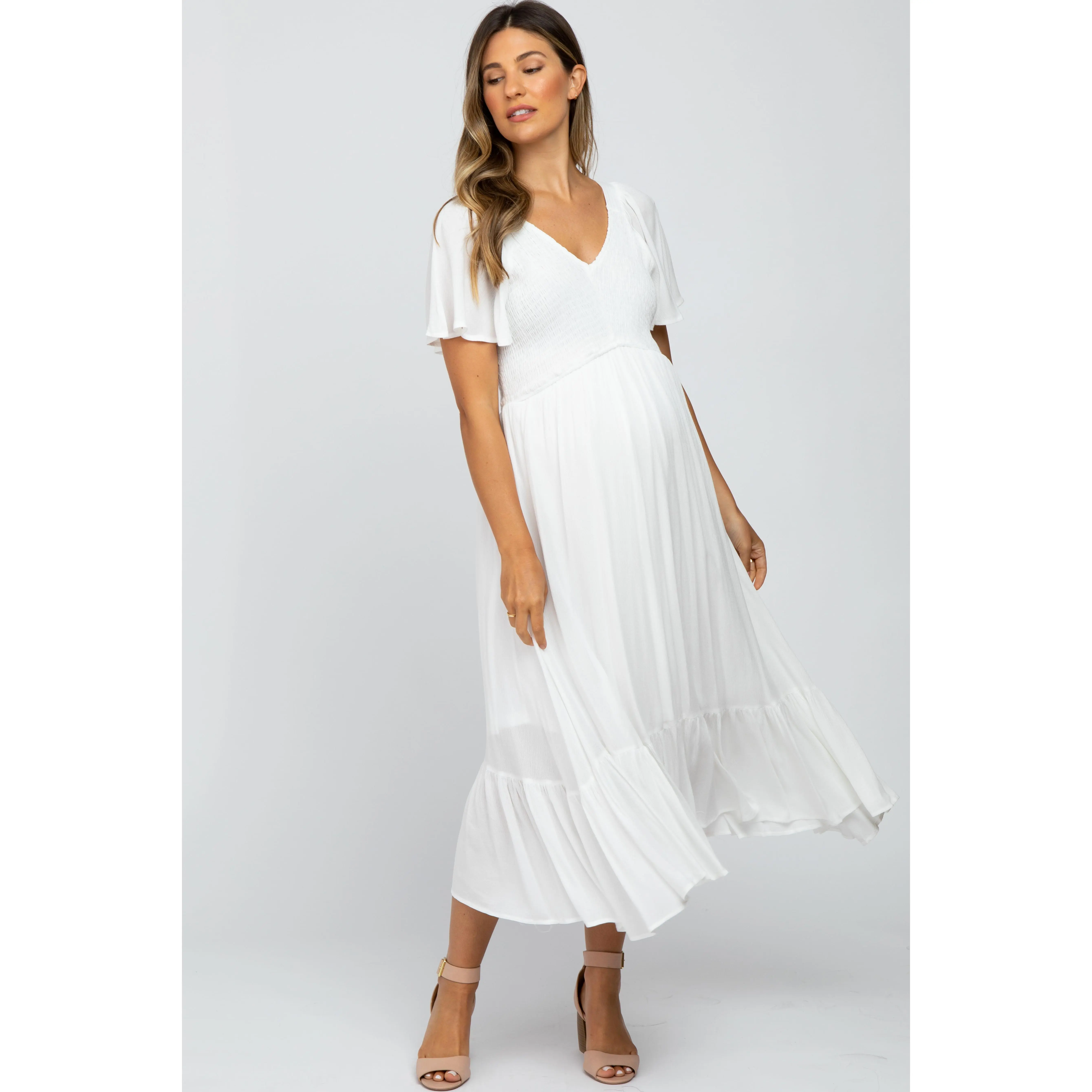 knee length dresses for ladies V Neck Front Tie Smocked Puff Sleeve Midi Dress S / Navy main image 0