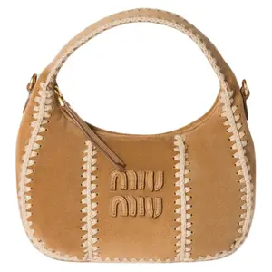 MIU MIU Wander Series Crochet Leather and Suede Handbag with Gold Hardware for Women in Cinnamon