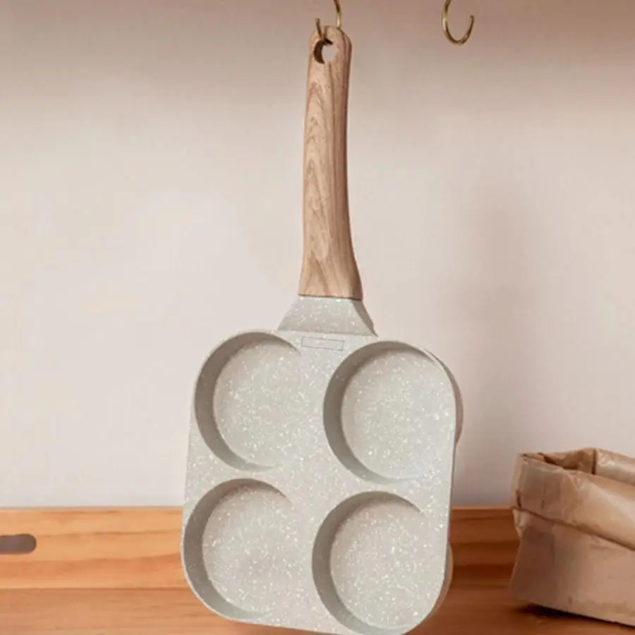 4 Hole Omelette Pan with Handle, Non Stick Egg Burger Pan without Spatula, Kitchen Cookware for Home Use