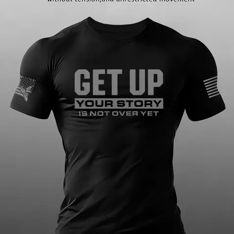 Men's "Get Up" Motivational Slogan Print Gym T-Shirt, Stretchy Fabric, Athletic Fit Top, Workout Tops for Workout & Daily Wear, Breathable Fabric, Breathable Workout Shirts #springsaledeals2026 #gymoutfits #workouttshirt #motivationalstyle