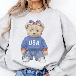 Vintage USA Tee Teddy Bear USA Graphic Sweatshirt Cute Flag Bow America Bear T-Shirt 4th of July Patriotic Tshirt Casual Womenswear Sublimation Top