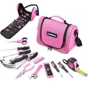 Pink Tool Set,Tool Bag for with Shoulder Strap,Basic Tool Kit,21Pcs,Tool with Zipper,Tool Bag with for Home | Dorm | Office | DIY | Desk | Apartment