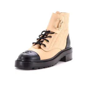 Pre-owned Chanel Women's Chain CC Cap Toe Lace Up Combat Boots Quilted Leather by Rebag