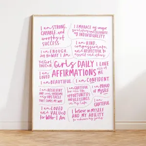Daily Affirmations Wall Art, Girls Wall Decor, Positive Affirmation Poster for Girls Room, Girls Bedroom Print Unframe Kitchen Box