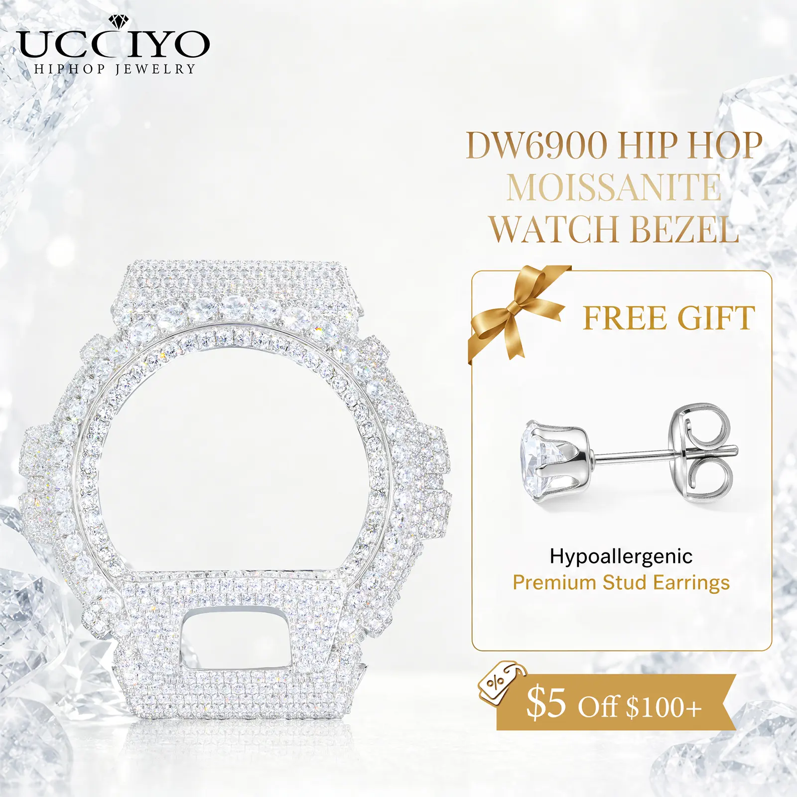 UCCIYO Compatible DW6900 Universal Bezel 18K Gold-Plated Lab-Grown Moissanite S925 Sterling Silver Moissanite Ice Crystal-Set Watch Case Unisex Hip-Hop Style Jewelry Gift Wearable