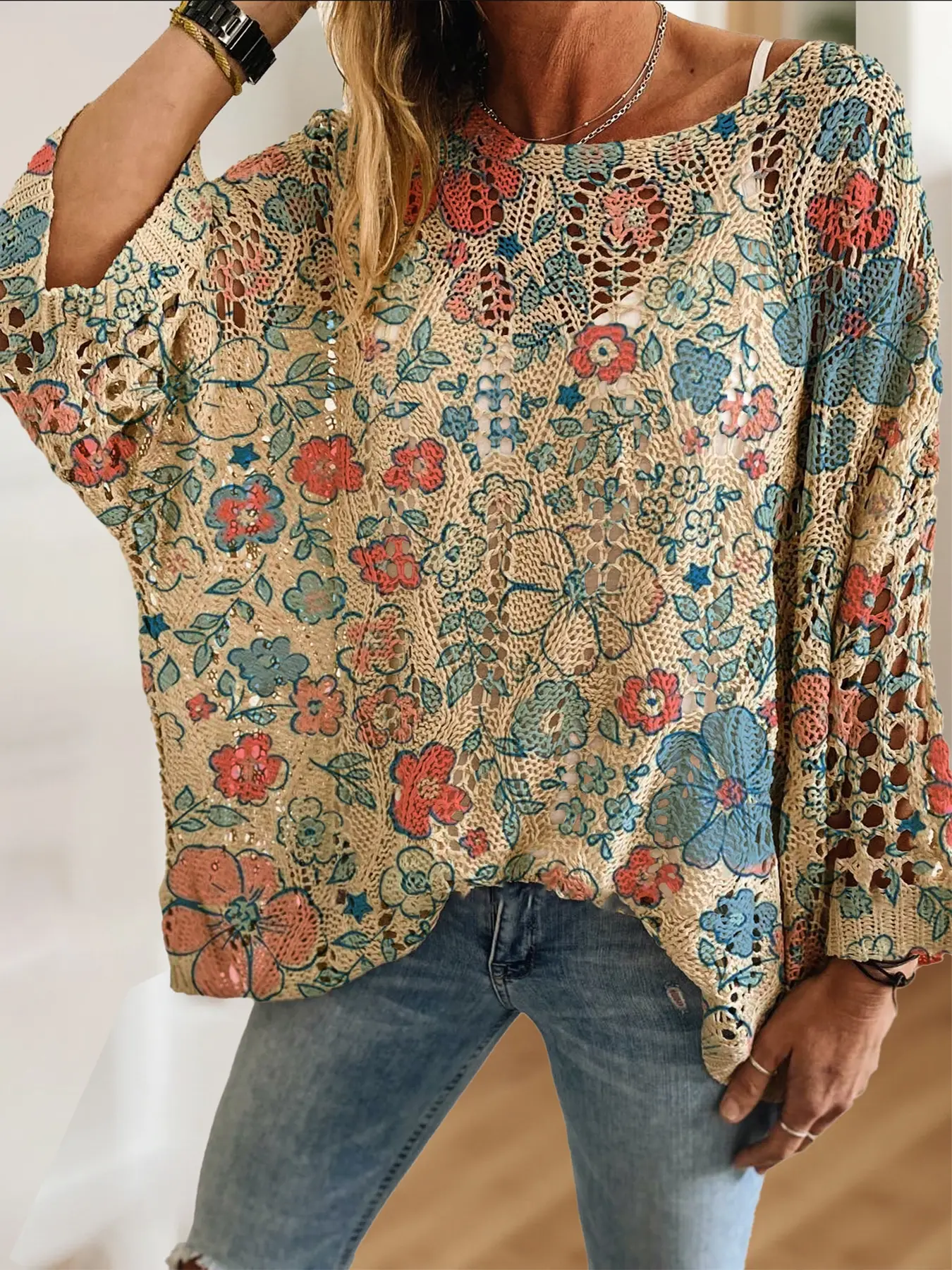 Women's Boho Blue Floral Knit Top, Loose Fit Batwing Shoulder Design, Casual Elegant Chic Vacation Style, Comfortable Breathable Knitwear Sweater, Boho Casual Jumper