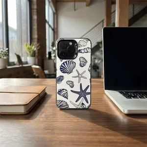 New 2026 model, shockproof, drop-proof, and fingerprint-resistant phone case Pattern of blue and white seashells and starfish for iPhone 17, 16, 15, 14, 13, 12, 11, and Samsung S20, S21,