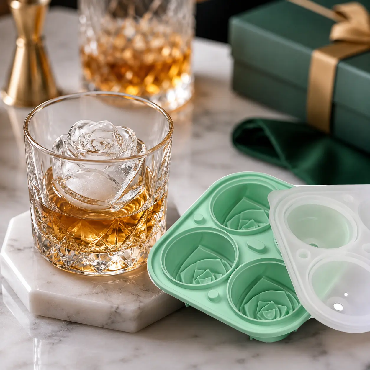 Rose Ice Cube Mold, Silicone Rose Shaped Ice Maker for Whiskey Cocktails, Large Flower Ice Cubes Tray, Reusable Freezer Mold for Drinks, Party, Wedding & Gift Ideas