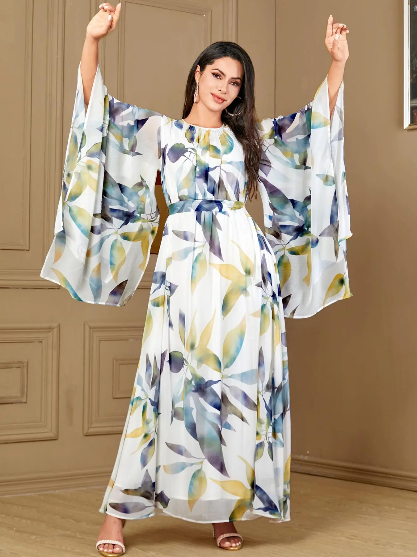 Arabic Clothing-Floral Print Knot Back Arabian Dress, Elegant Keyhole Neckline Flounce Sleeve A Line Dress, Women's Islamic Clothing for All Seasons,