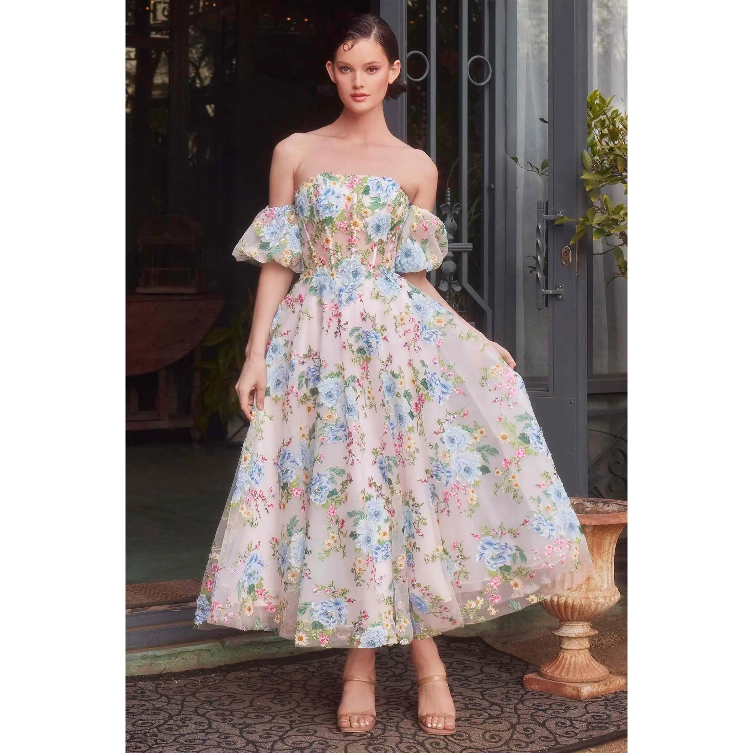 ANDREA A1406 Women's Formal Floral Embroidered Sheer Tulle A-Line Tea-Length Dress, Layered Fabric, Removable Puff Sleeves, Flattering Fit for Prom & Bridal Events, Junior Sizes, Strapless Sweetheart, Structured Bodice, All Seasons, 2 To 14, Beads, Awards