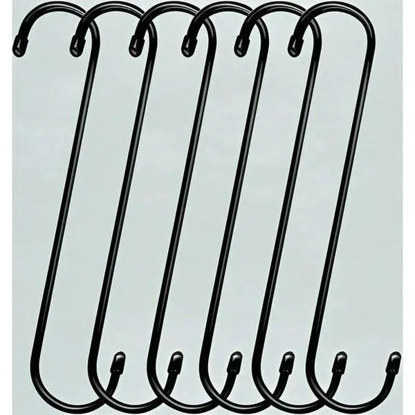 Heavy Duty S Hooks for Hanging - 12 Inch Extra Long Black Hooks - Multipurpose Hanging Hooks for Kitchen, Garden, Closet - Durable Indoor Outdoor Utility Hooks - Reusable Hanging Solution for Pergola, Patio Curtains Rubber Shower Iron