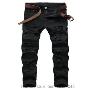 Men'S Black Slim Fit Stretch Ripped Jeans Plus Size 38-48