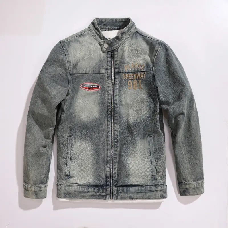 Men Stand Collar Zip Up Biker Denim Jacket, Vintage Mud Acid Wash Speedway Letter Embroidery Oval Racing Patch Loose Distressed Moto Trucker Coat Y2K Grunge Skate Streetwear Chrome Hearts Style Outerwear