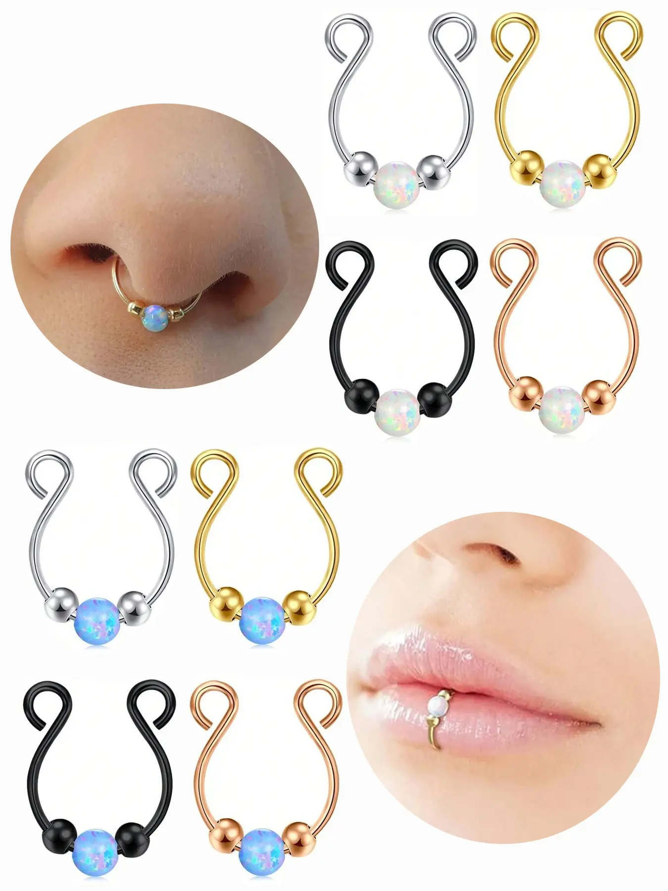 Opal Fake Nose Ring, Nose Cuff, No Piercing Needed Ear Clip, 8mm Clasp Style Fake Nose Ring, Fashion Jewelry, Non Piercing Jewelry, Body Jewelry for Women & Men