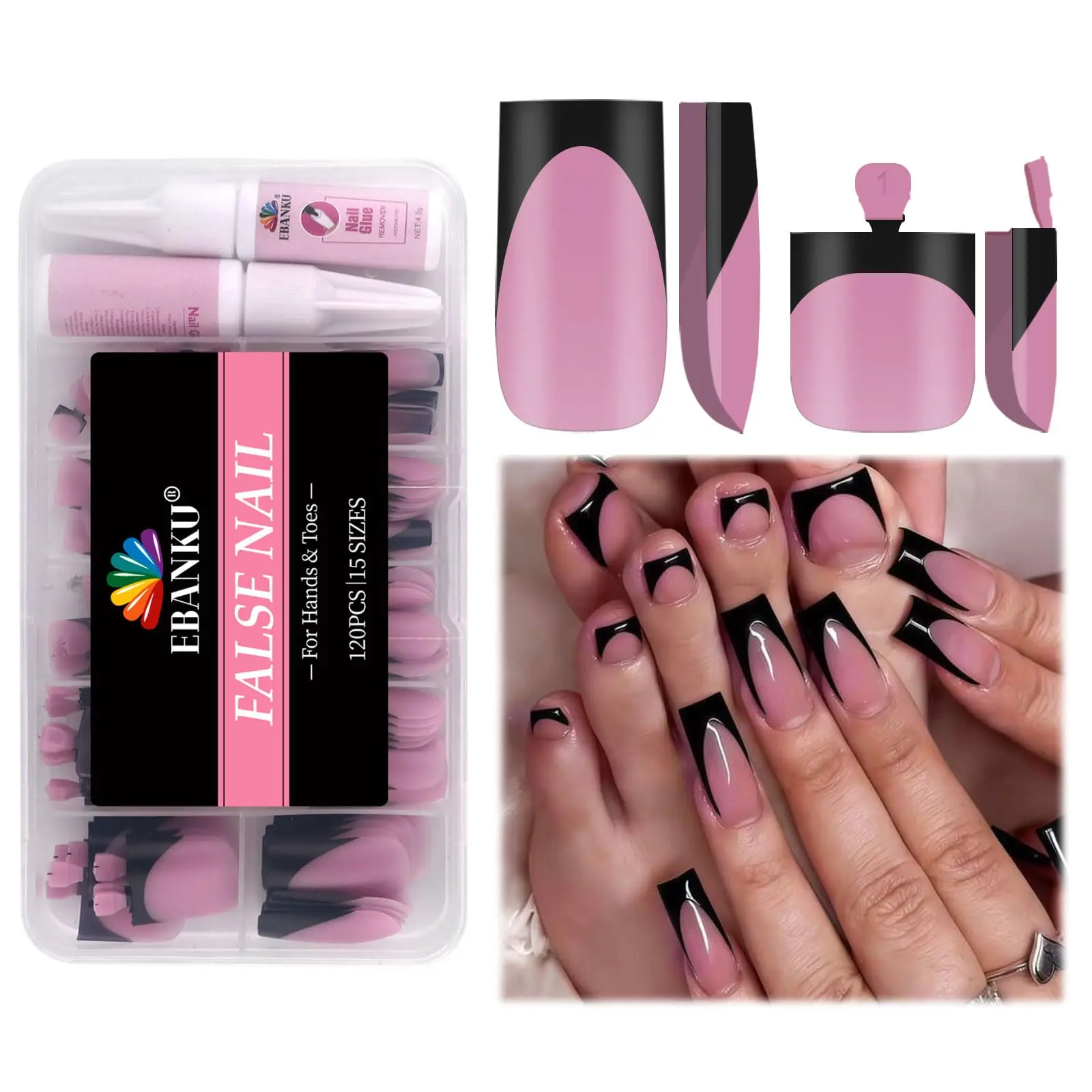 60Pcs Black French Tip Press on Nails & Press on Toenails Set, EBANKU Square Press on Nails Medium Fake Nails Black French Press on Toenails Full Cover Stick on Press ons for Women
