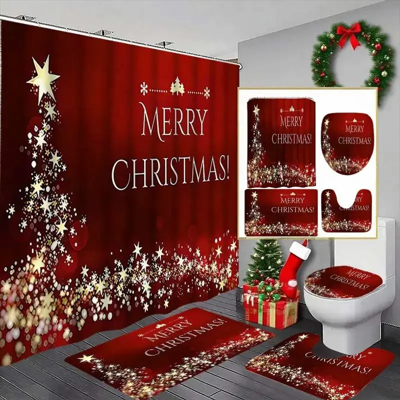 1/4pcs Christmas Holiday Theme Decorative Shower Curtain Set, Includes Toilet Seat Cover, Rectangular Mat, U-Shaped Pad, Perfect Bathroom Decor, 12 Hooks Included