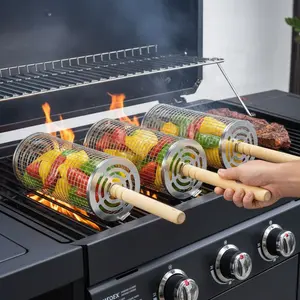 FZEEA Rolling Grill Basket 3 Pack, Removable Wooden Handle, Nesting BBQ Tools, Smoker Grilling Accessories for Vegetables, Outdoor Cooking Camping, Birthday Gift for Men Dad Husband