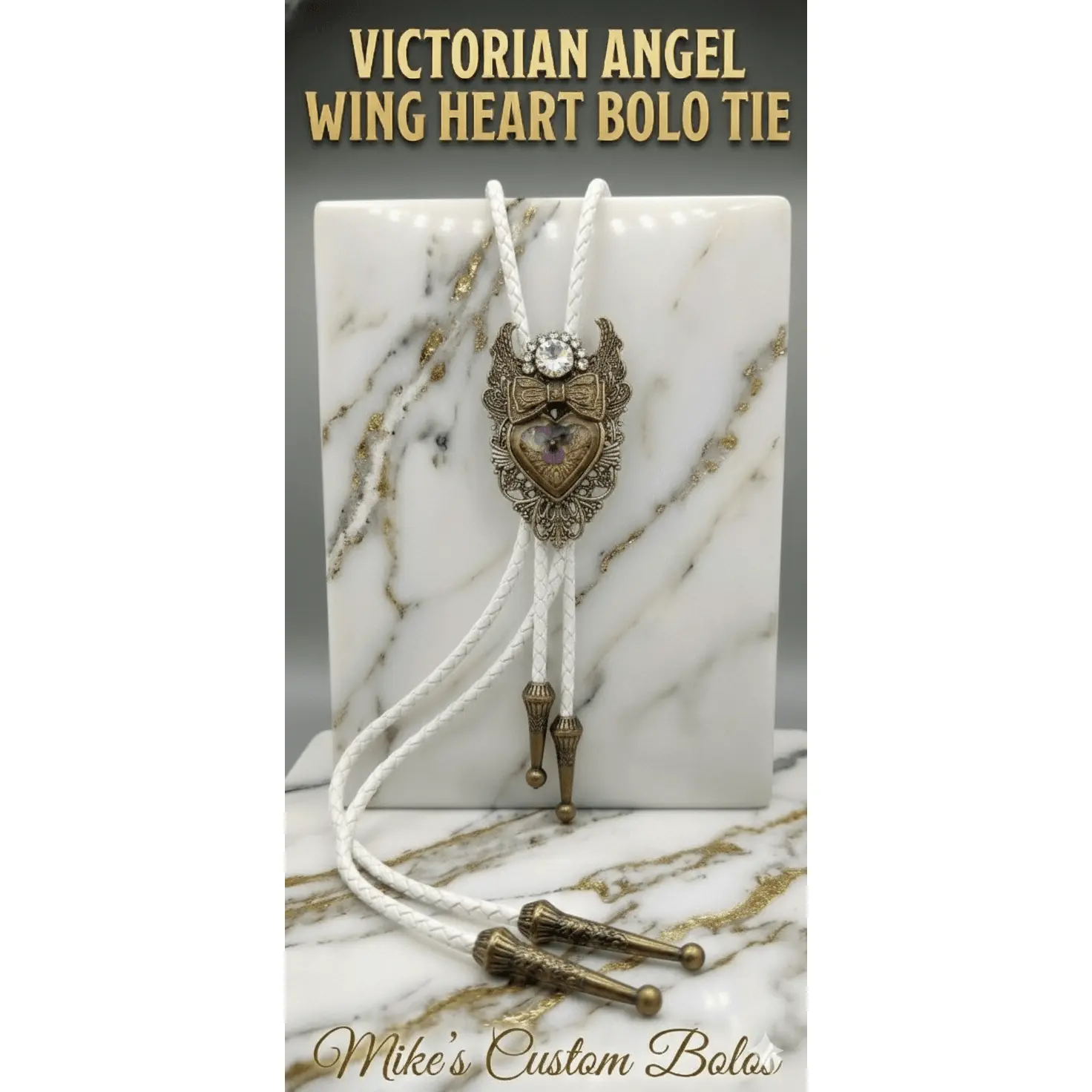 VICTORIAN ANGEL WING HEART BOLO TIE ~ PURPLE FLORAL ACCENT