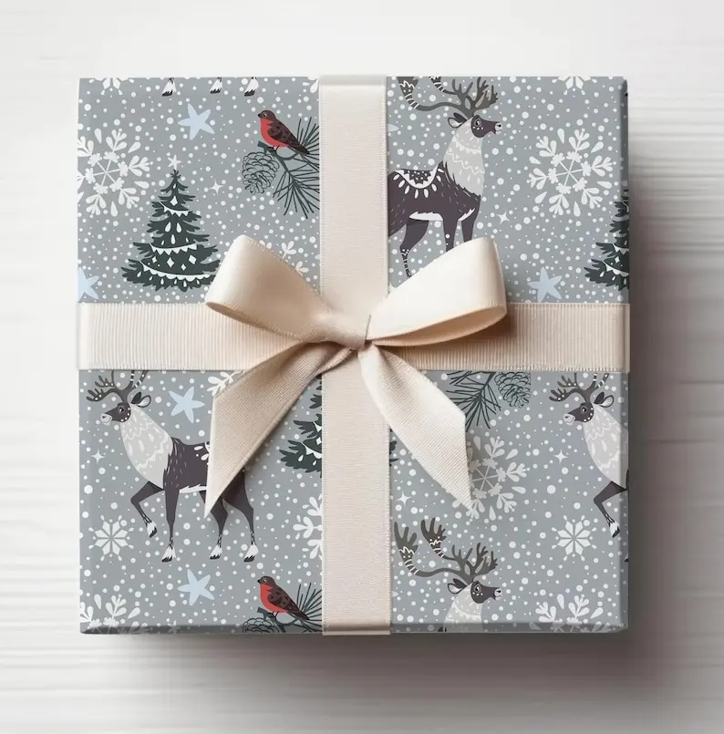 Kids Christmas Wrapping Paper Roll, Nostalgic Holiday Gift Wrap, Santa & Reindeer Designs, Eco-Friendly, Recyclable, USA Made