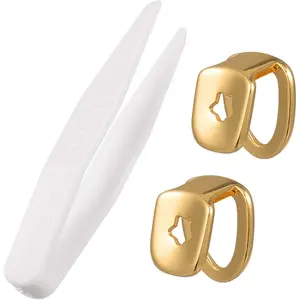 4Pcs Fake Gold Tooth Grills for Your Teeth, Hip Hop Dental Grills Tooth Caps, Copper Hollow Metal Grill, Removable Golden Plated Grill, Costume Teeth Jewelry for Women Men Party Halloween Cosplay