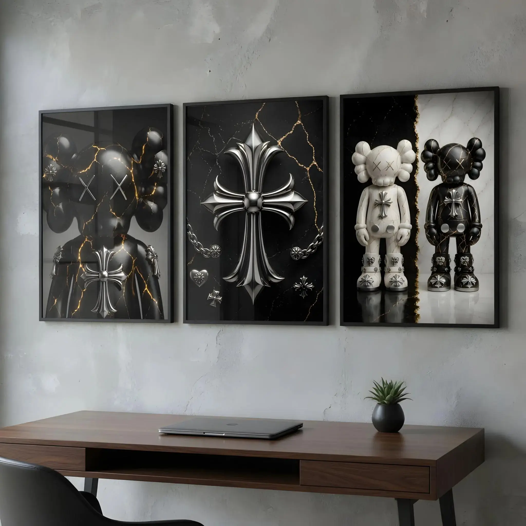 Luxury Kaws Chrome Hearts Hypebeast Wall Art Poster Set of 3 - Black and White Figures Print, Home Decor for Hypebeast Rooms