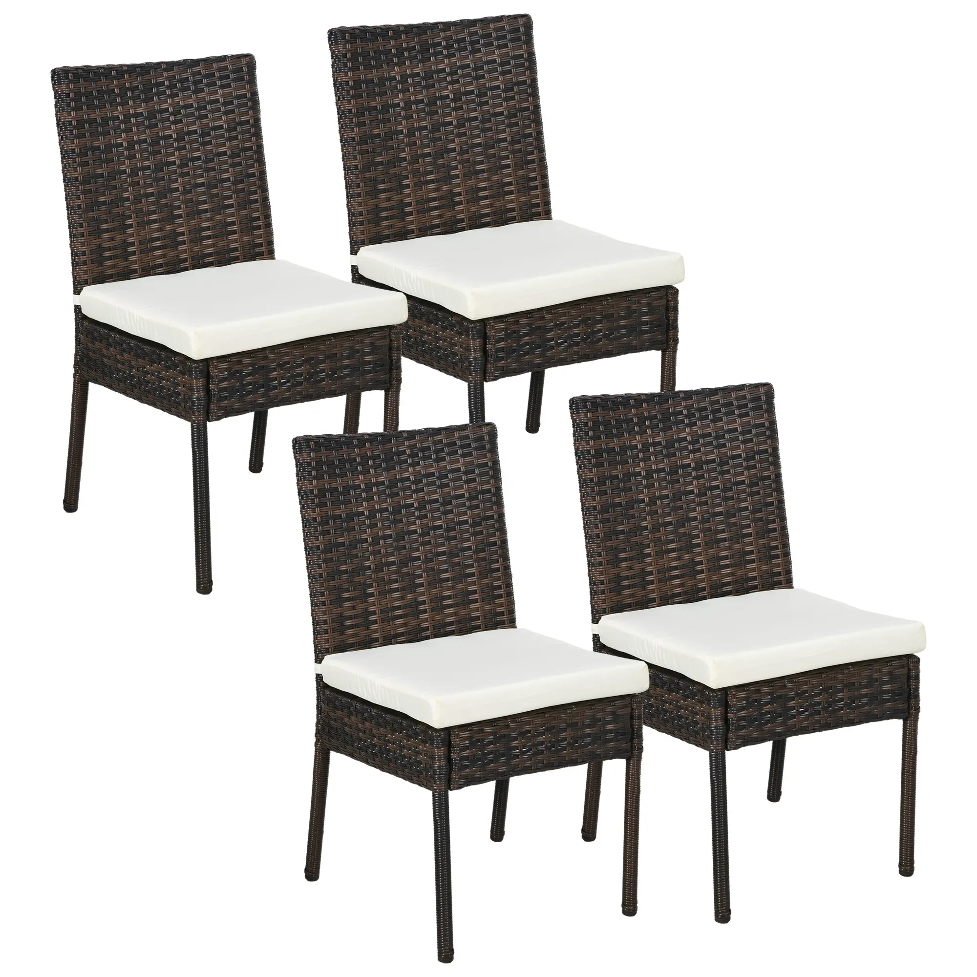 Outsunny 4 PE Rattan Outdoor Dining Chairs with Cushions, Patio Wicker Dining Chairs with Backrests for Porch, Deck, Garden, White