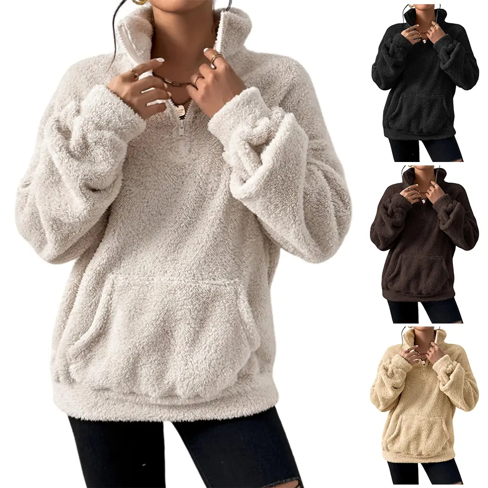 Arssm Sherpa Sweatshirt for Women Fuzzy Fleece Sweatshirts Quarter Zip Up Pullover Soft Long Sleeve Top Pockets