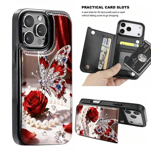 Cool and stylish diamond-studded butterfly and rose-themed anti-shock leather card holder phone case,for iPhone 17 Pro Max Phone Case 17 Air 16 15 Plus 14 13 12 , Samsung Galaxy S25 ULTRA FE Plus S22 S23 FE S24 Plus, Accessories, Smartphone, Protector