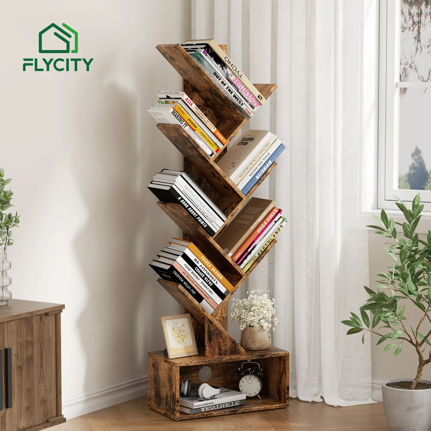 Flycity Bookshelf with Drawer,6 Tiers Tree Bookshelf, Modern Book Storage Organizer,Free Standing Tree Bookcase, Utility Organizer Shelves for Home,Of