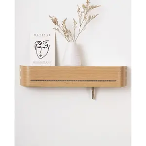 (R) Key Holder Wall Mount with 5 Retractable Hooks, 17-inch Finland-Designed Key Hanger with Shelf, Modern Coat Rack Wall Mount,Minimalist Space-Saving Entryway Furniture - Oak