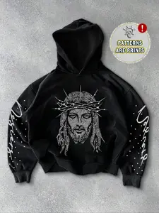 Men's Hooded Sweatshirt, Short Box Fit, Simple Basic Style, Dual Layer Cap, Diamond Pattern, Jesus Cross Design, Gothic Hoodie, Casual All-Season Wear, Hot Trending Hoodies