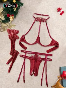 Christmas Sexy Lingerie Set, Backless Contrast Lace Design, Fitted Thin Fabric, Perfect for Halloween & Christmas Celebrations